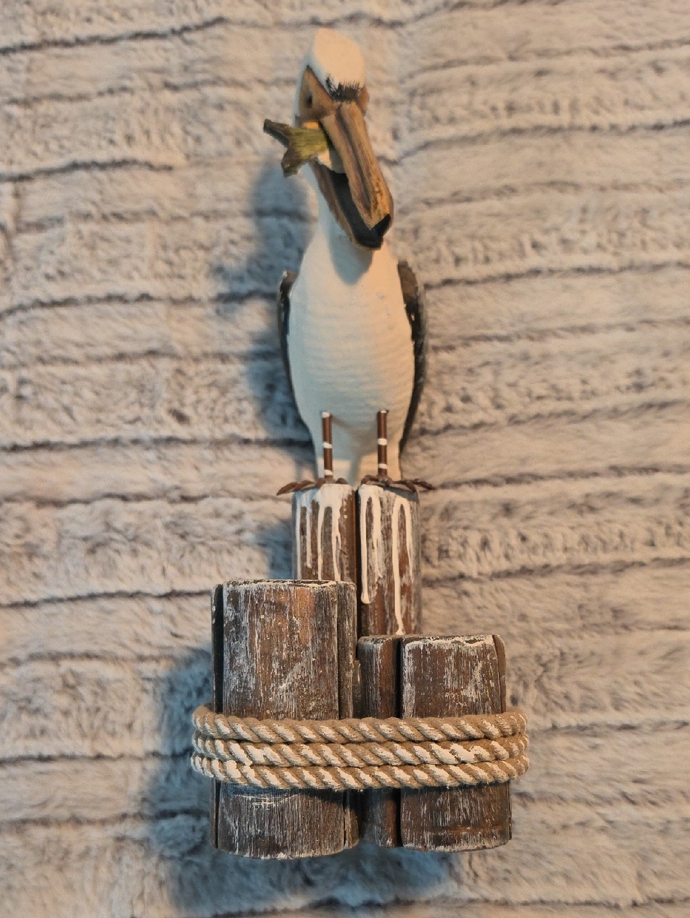 Wooden Pelican Nautical Statue - White & Brown
